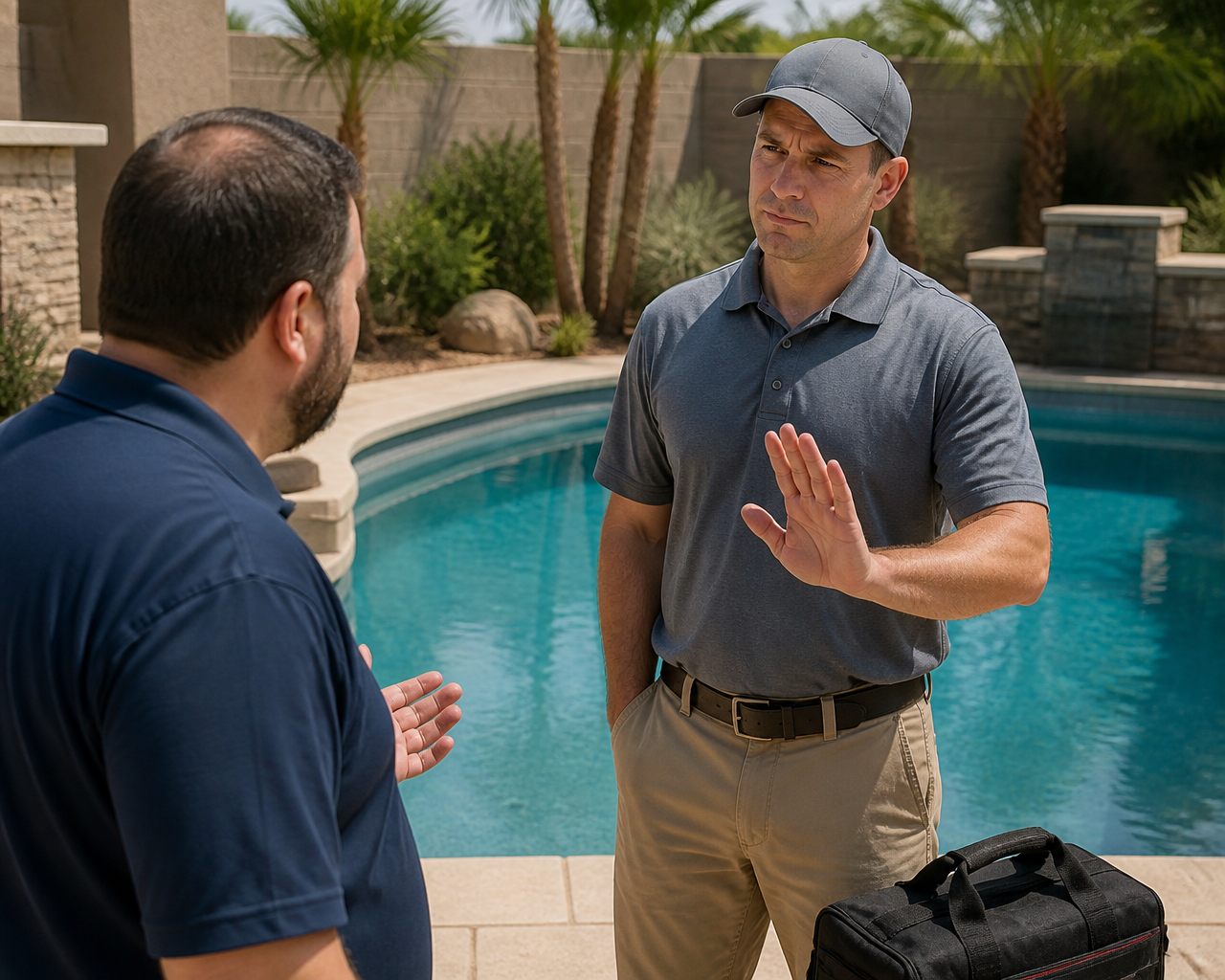 an Arizona homeowner talking with a pool leak detection technician about the diagnosis