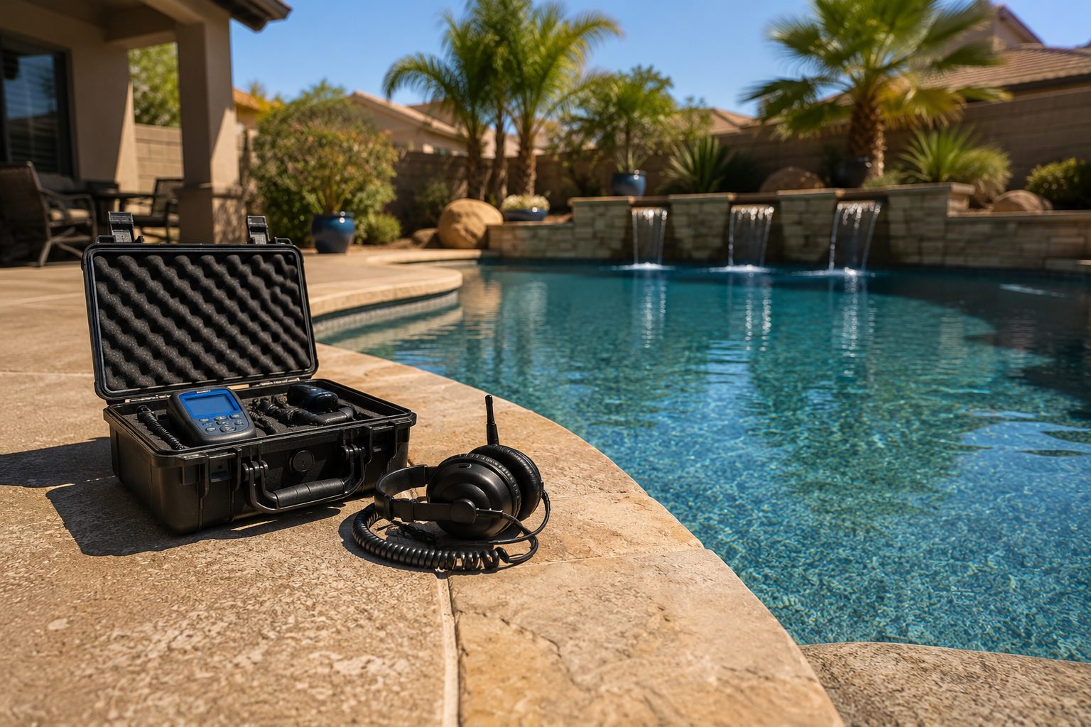 professional pool leak detection equipment on an Arizona pool deck