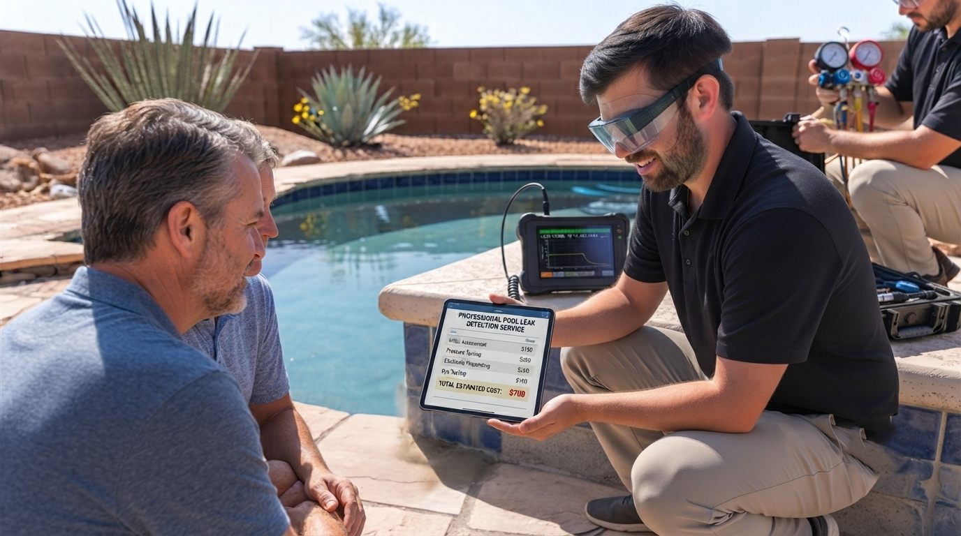 a pool leak detection technician showing an Arizona homeowner a tablet with a leak detection cost estimate