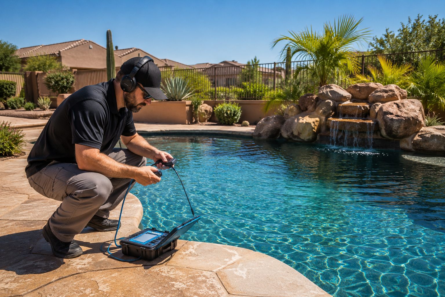 a pool leak detection technician using electronic listening equipment to find a leak at an Arizona pool