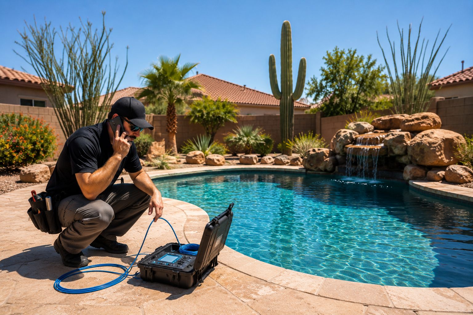a pool leak specialist on the phone beside an Arizona pool, ready to schedule a leak detection visit