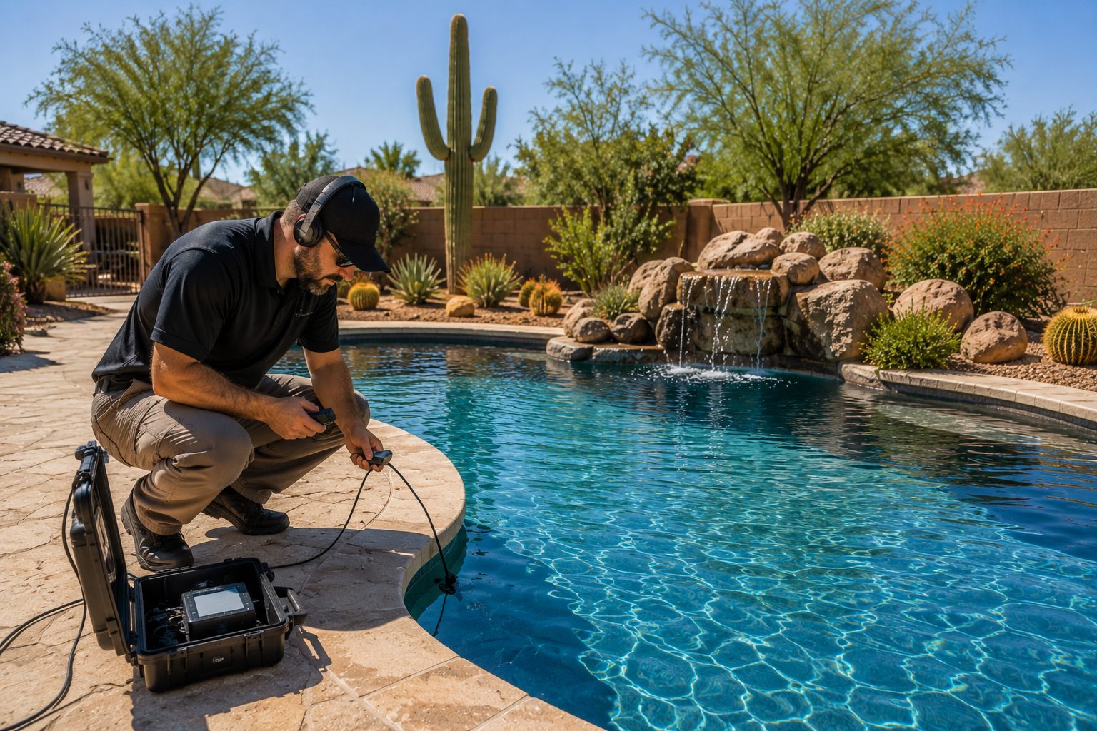 a pool leak detection technician using an acoustic probe along the edge of an Arizona pool to locate a leak