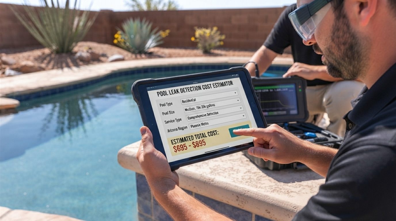a homeowner reviewing a pool leak detection cost estimate on a tablet with a technician