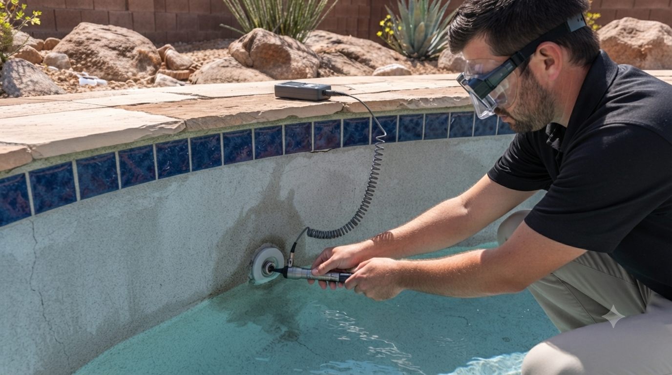 a pool leak detection technician pressing an acoustic probe against a pool wall to precisely locate a leak