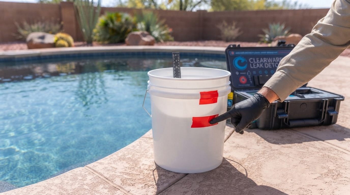 a bucket test set up on the step of an Arizona pool to check for a leak