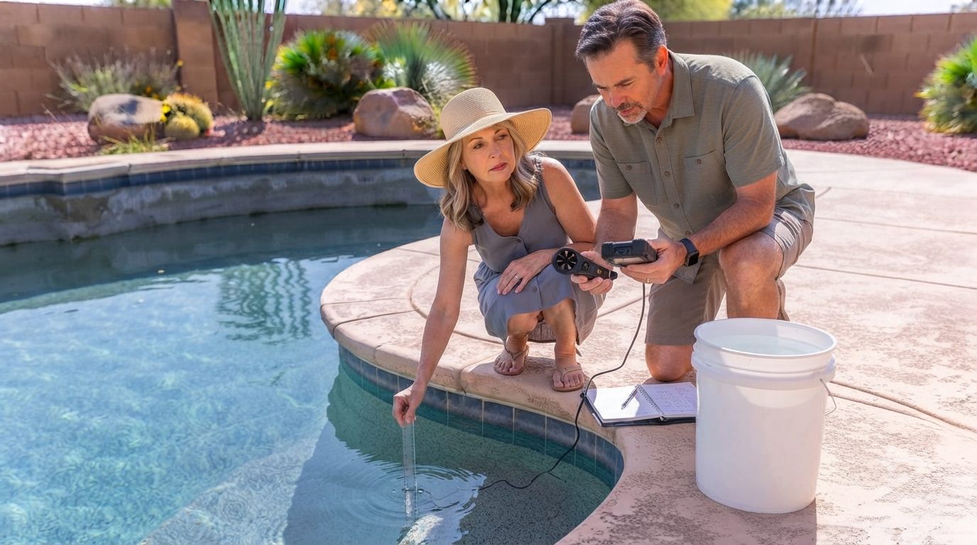 an Arizona homeowner checking a daily drop in the pool water level