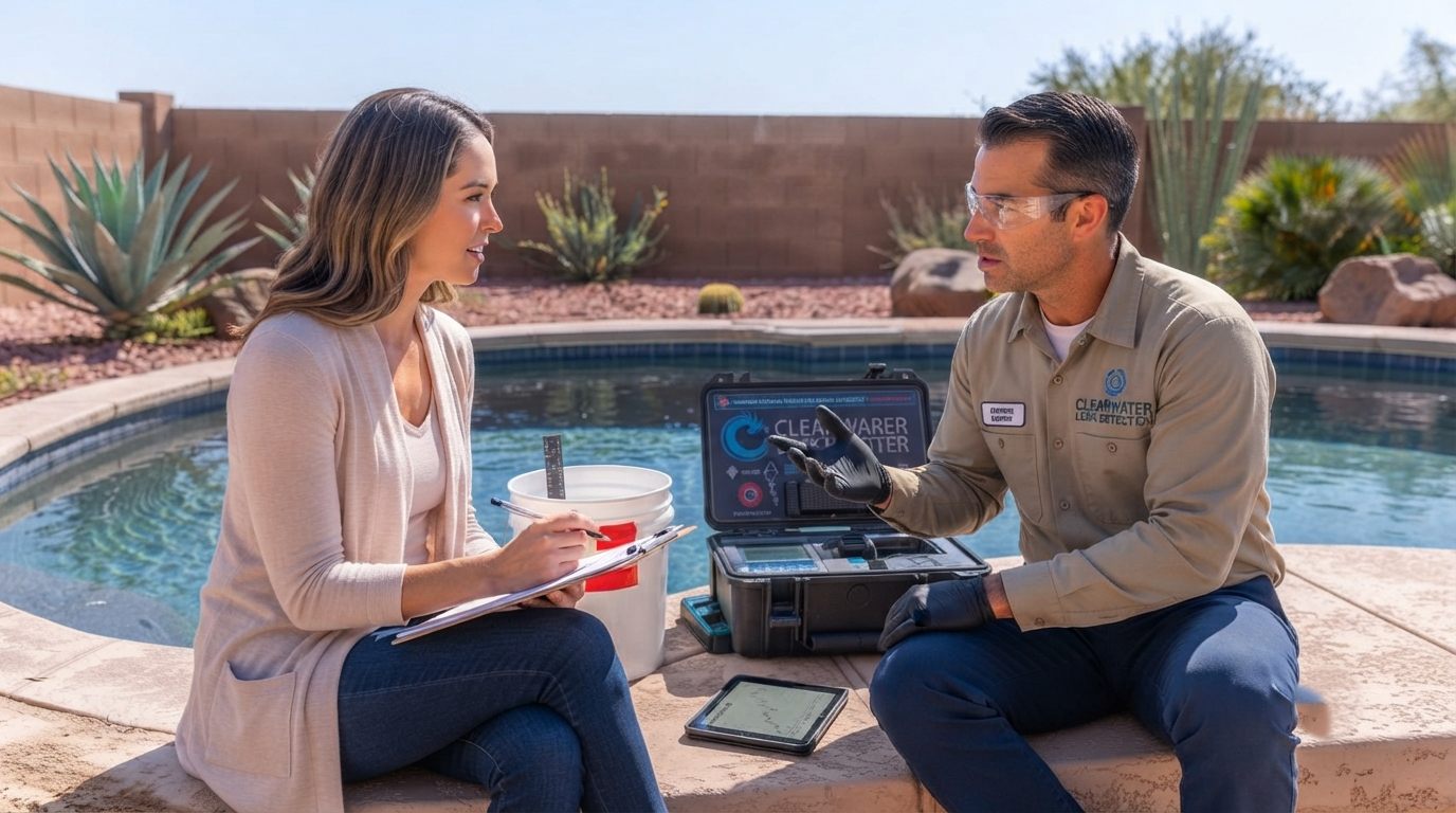 an Arizona homeowner asking a pool leak detection technician questions before hiring