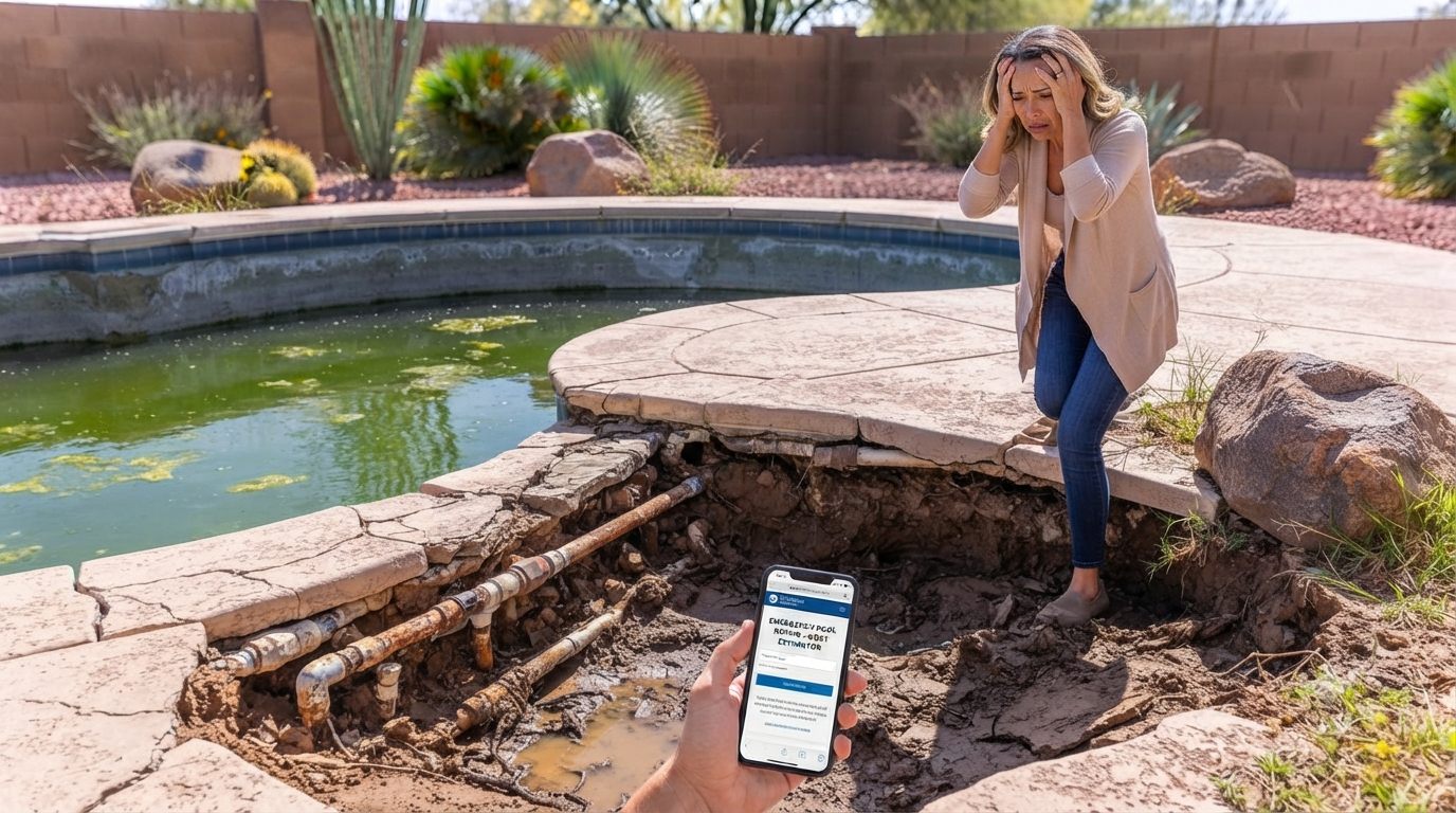 soil erosion and an undermined pool deck caused by a pool leak that was left untreated