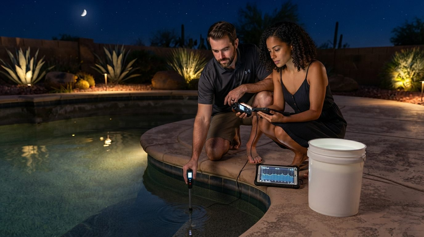 an Arizona homeowner checking a pool for overnight water loss at dusk