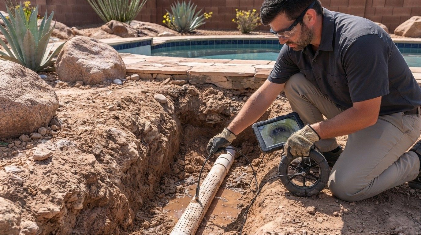 an exposed underground pool pipe located after leak detection, ready for repair