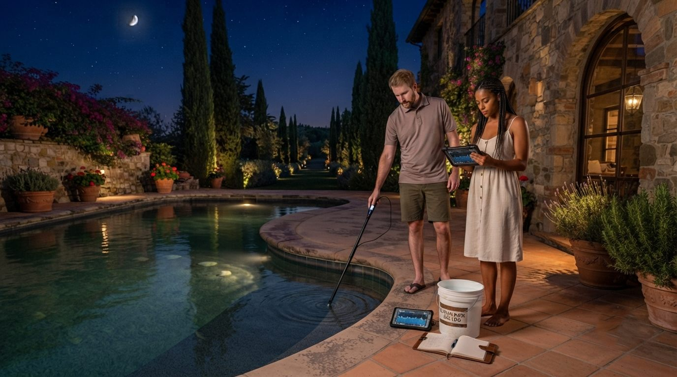 an Arizona backyard pool being checked for visible signs of a leak at dusk