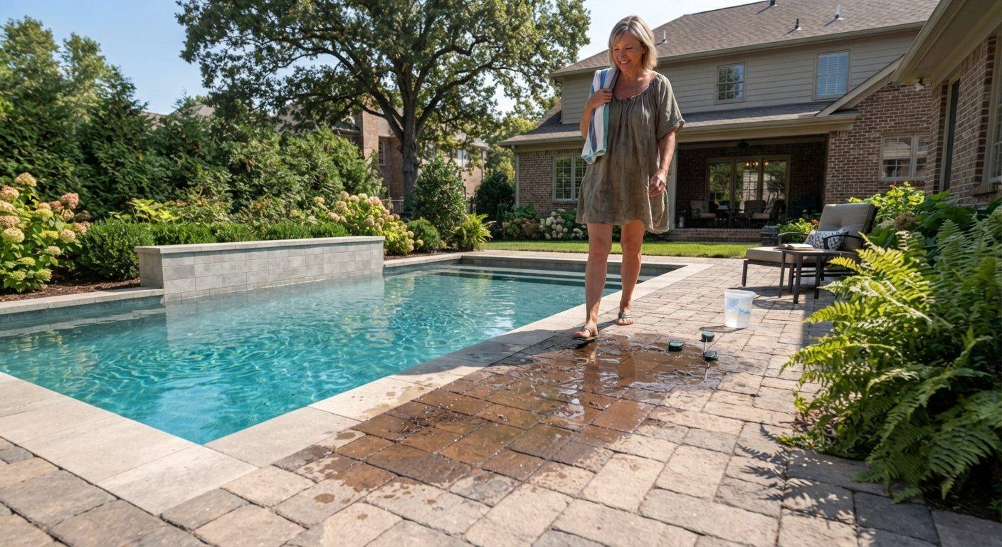 wet spots on the paver deck around an Arizona pool